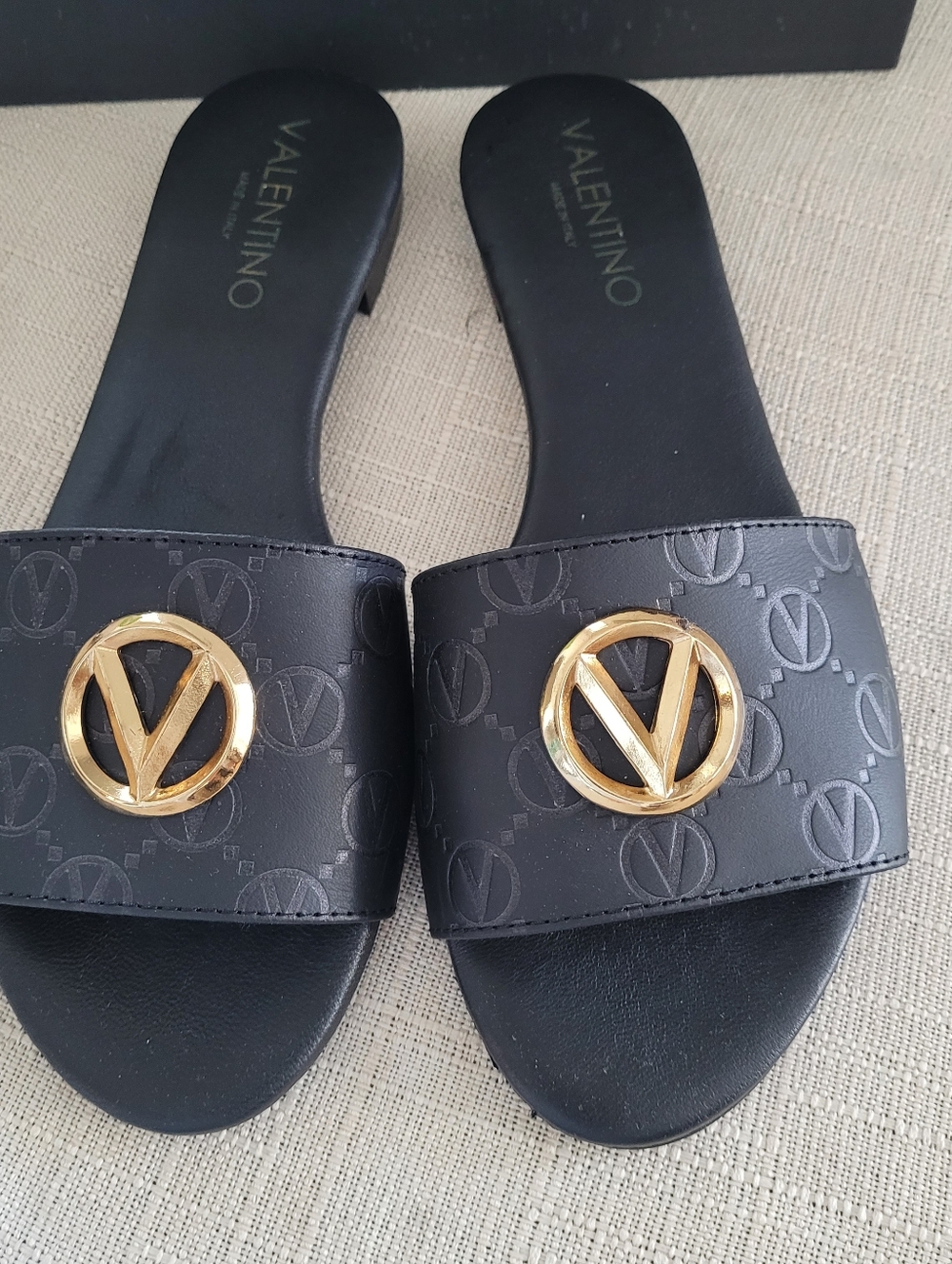 Valentino Black Leather Slide Sandals with Gold Logo Medallions
